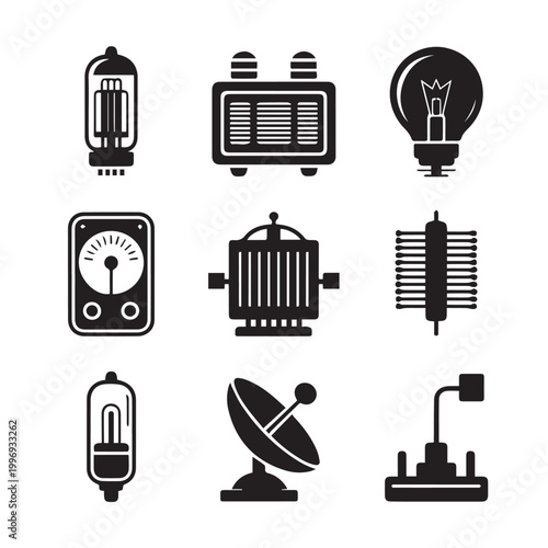 Vintage electronic components and vacuum tubes icons including transformers bulbs meters and satellite dishes for engineering projects.