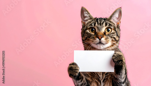 Cute tabby cat holding a blank white sign with a pink background.