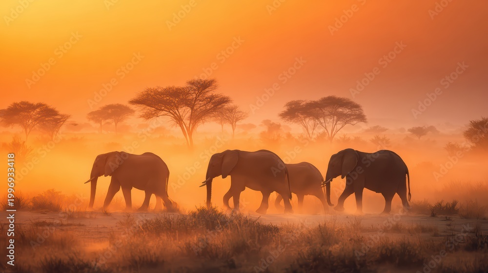 Fototapeta premium Majestic elephant herd walking at sunset in african savanna