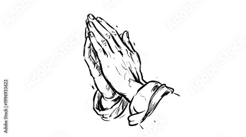 A monochrome sketch of praying hands with folded fingers and soft sleeves, conveying reverence, faith, and devotion