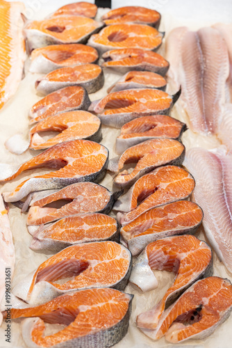 Fresh Salmon Fillet Steaks Ice Market Counter Seafood Store Orange Healthy Food Display