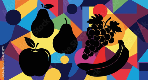 Abstract Fruit Silhouette Illustration with Geometric Colorful Mosaic Background
