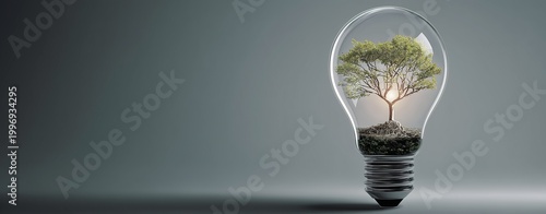 Eco-Innovation: A radiant tree flourishes inside a classic lightbulb, symbolizing the fusion of nature and innovation, representing sustainable solutions for a greener world.