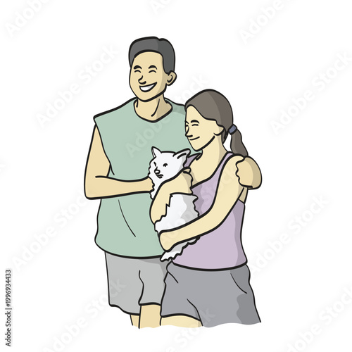 Couple holding dog illustration vector isolated on white background