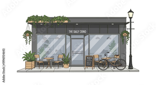 Modern coffee shop exterior with outdoor seating and bicycle
