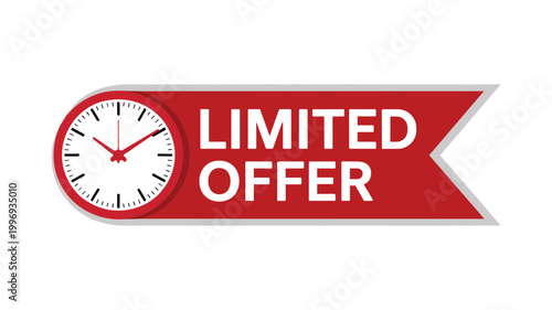 Red ribbon banner with clock face and text limited offer keywords time sale