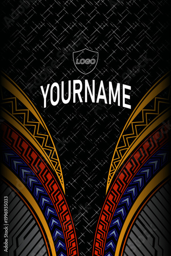 Black Tribal Sports Jersey Design with Geometric Pattern  Sublimation Ready, Modern Ethnic Jersey Design Template with Grunge Texture Sports Wear,
Abstract Tribal Pattern Jersey Design Black Gold.