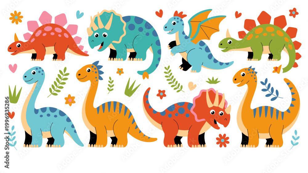 Obraz premium Cute Colorful dinosaur Cartoon Vector Set for Kids