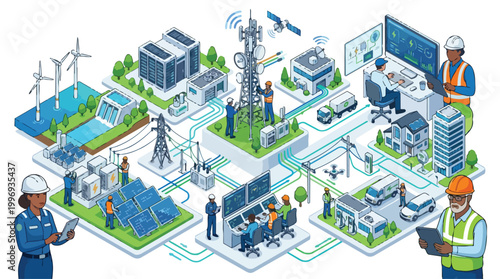 Smart grid energy infrastructure with diverse workers managing renewable power generation, telecommunication networks, and modern data systems for a connected future