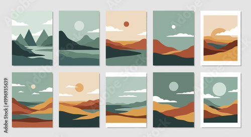 Abstract Minimalist Landscape Art Set - Mid Century Modern Mountain Scenery