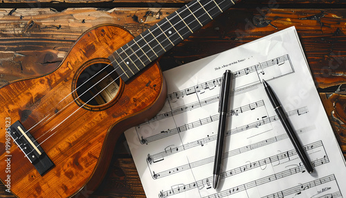Ukulele and Sheet Music on Wooden Table with Pens.