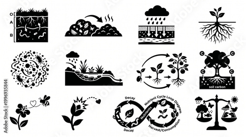 Collection of Icons Illustrating Various Aspects of Organic Gardening and Soil Health