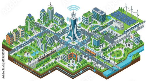 Isometric Smart City Illustration with Green Buildings, Renewable Energy, Electric Transport, and Advanced Telecommunication Network for Sustainable Urban Living