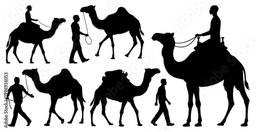 Camel and People Desert Activities Silhouette Collection, Vector Illustration Isolated on Transparent Background