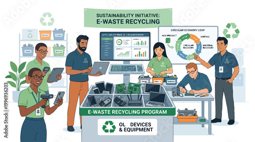 Diverse workers efficiently manage an e-waste recycling program, promoting sustainability and a circular economy for old telecommunication devices and electronic equipment