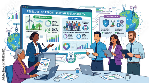 Diverse telecommunication workers presenting an ESG report on sustainability initiatives, highlighting environmental, social, and governance strategies for a responsible future