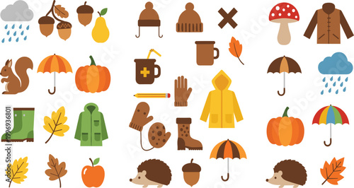 Flat Design Autumn Icon Set – Fall Season Elements with Pumpkin, Mushroom, Hedgehog, Raincoat and Cozy Weather Clipart Collection