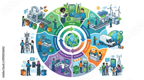 Comprehensive circular economy model for telecommunication products illustrating sustainable lifecycle stages with diverse workers and green technology