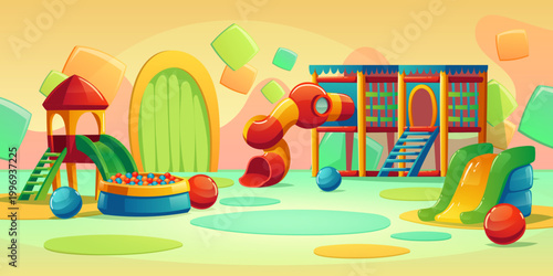 Kids playground with carousel and slide