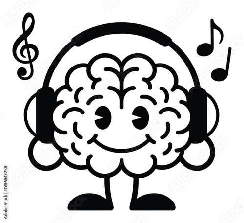 Brain Wearing Headphones Vector Illustration