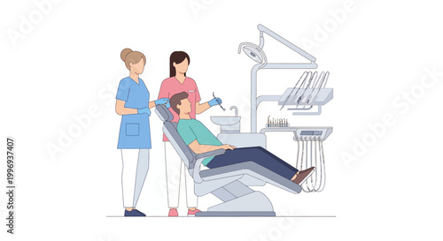 A dentist and assistant attend to a male patient in a dental chair with modern equipment.