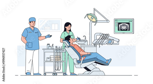 A dentist and dental assistant examine a patient in a modern dental clinic with advanced equipment.