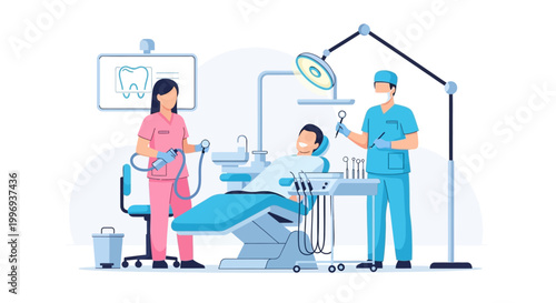 Dentist and dental assistant examining a patient in a modern dental clinic with advanced equipment and a tooth x-ray on screen.