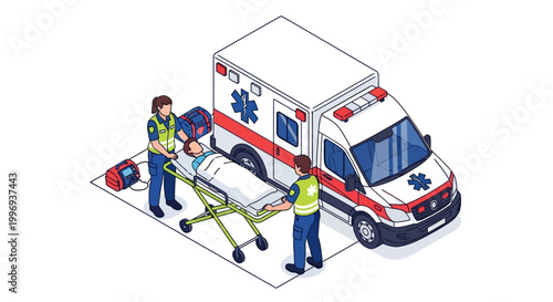 Paramedics in uniform attending to a patient on a stretcher next to an ambulance, illustrating emergency medical services.