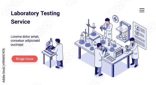 Laboratory Testing Service with scientists conducting experiments and analyzing samples on microscopes and equipment.