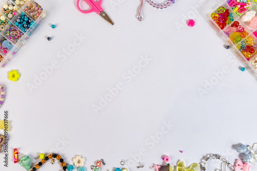 Craft creativity concept background wallpaper, beads scissor string and bracelet