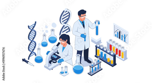 Scientists conducting research in a laboratory with DNA strands, microscopes, and test tubes.