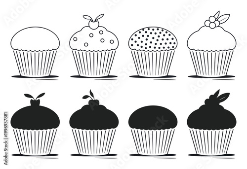 Cupcake Vector Illustrations in Black and White Style