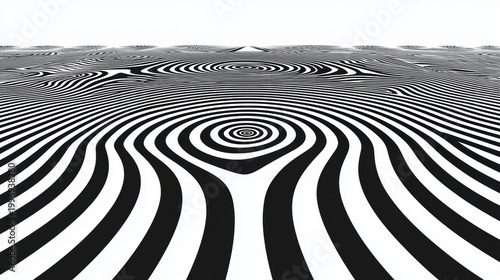 A surreal landscape with a black and white striped pattern.
