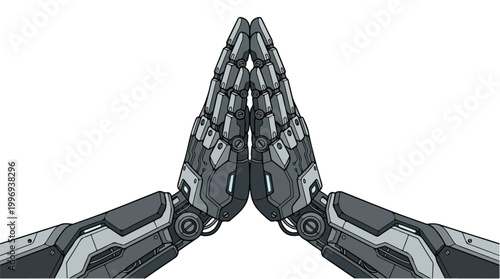 Futuristic robotic hands pressed together in a prayer pose, sleek metal limbs signaling technology and collaboration