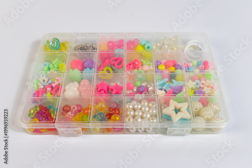 Various colourful kind of beads in box case, craft creativity concept