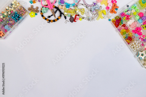 Craft creativity concept background wallpaper, beads scissor string and bracelet