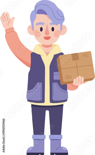 Courier delivering package with clean illustration style, standing and waving in simple environment, front view concept
