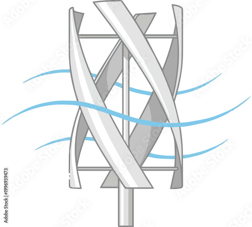 Vertical axis wind turbine illustration with spiral blades and wind flow lines for sustainable green energy concept