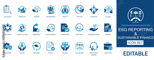 ESG reporting and sustainable finance icon set. Includes carbon offset, green investment, social, and ecology. Solid vector assets for corporate auditing and social impact.
