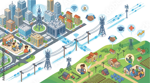 Seamless telecommunication connecting diverse urban and rural communities with smart technology infrastructure and digital services for modern life and economic growth