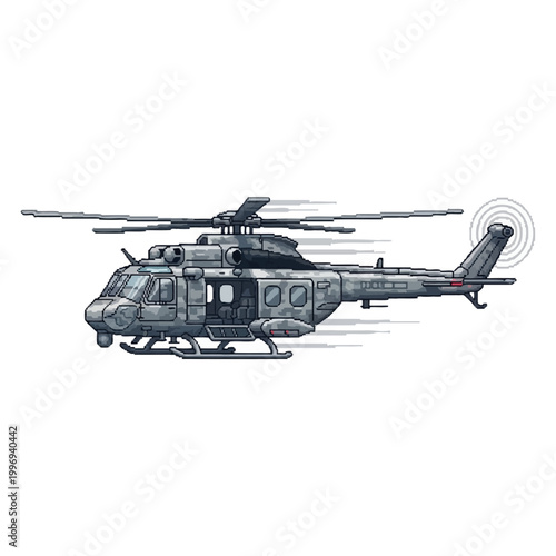 Pixel Art Vector Helicopter Military Assault Aircraft Flying
