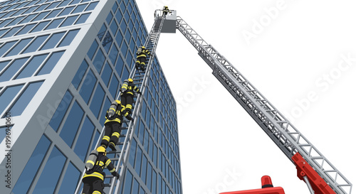 Conceptual illustration of a team of firefighters climbing a tall ladder extending from a fire truck to rescue someone from a modern building, rendered in a bright and clean style
