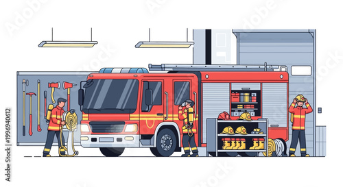 A flat vector illustration depicts firefighters alongside a fire truck with rescue equipment, set against the backdrop of a fire department garage in a design that conveys safety