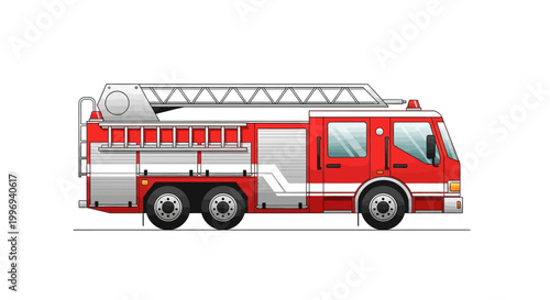 Detailed vector illustration showcasing a red and silver fire truck with a ladder on top, presented in a side view against a clean white background, conveying a sense of emergency response