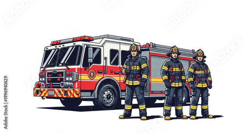 Cartoon illustration depicting three brave firefighters in full gear standing proudly in front of a bright red and white fire truck against a clean white background, conveying a sense