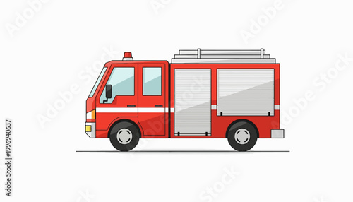A vibrant vector art illustration presents a red fire truck with shiny silver accents, rendered in a flat style against a stark white background, conveying a sense of emergency readiness