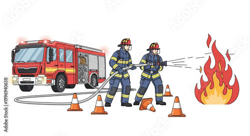 Illustration showing two firefighters putting out a fire with hoses near a red fire truck and orange cones, rendered in a cartoon style against a clean white backdrop, conveying urgency