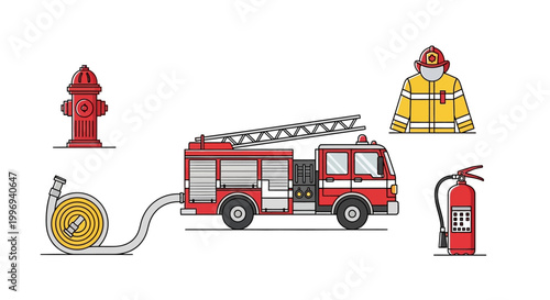 A flat lay vector art illustration showcasing a fire truck, fire hydrant, hose, extinguisher, and fire suit against a clean white background, depicting fire safety and preparation