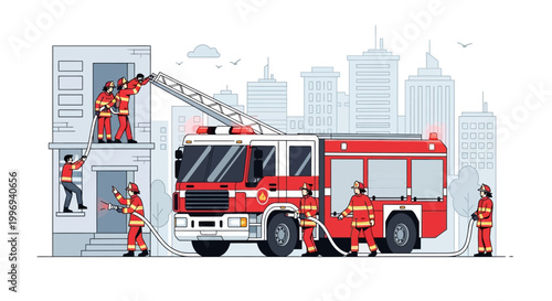 Detailed vector illustration showing firefighters in action, with one extending a ladder from a bright red fire truck to rescue people from a building, set against a cityscape with a sense