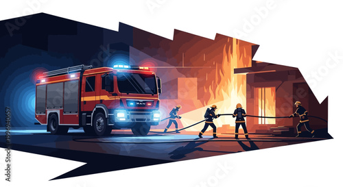 A vector illustration shows firefighters putting out a fire with a fire truck parked nearby against a white background, using long hoses and bright lights, conveying a sense of urgency